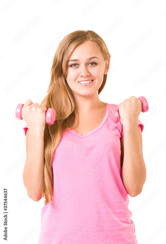 Beautiful smiling girl with free weights in gym Beautiful smiling girl with free weights in gym