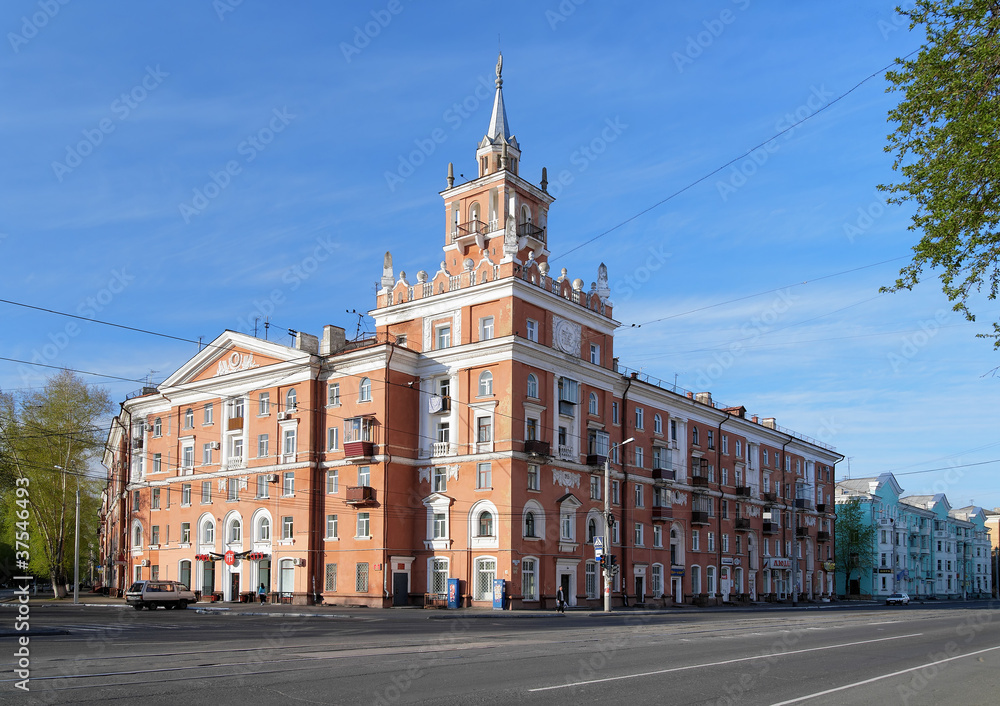 Building with spire - symbol of Komsomolsk-on-Amur, Russia