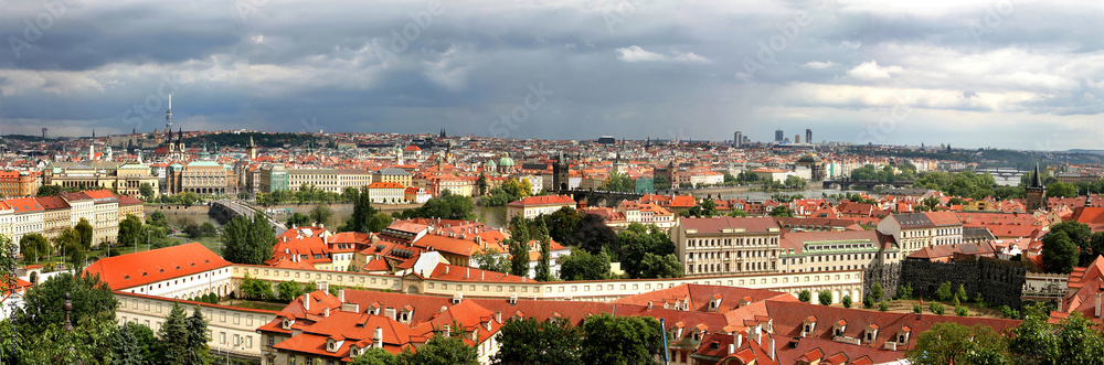 Panoramic aerial skyline view of Prague.