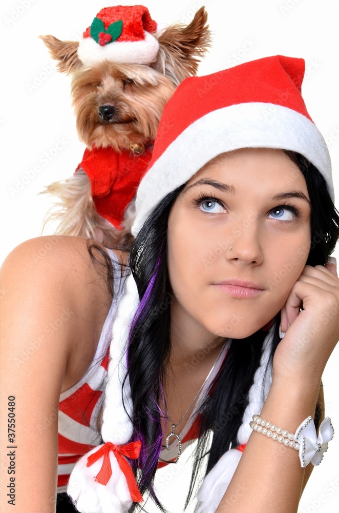 une belle femme avec un chien de Noël, isolé sur blanc une belle femme avec un chien de Noël, isolé sur blanc
