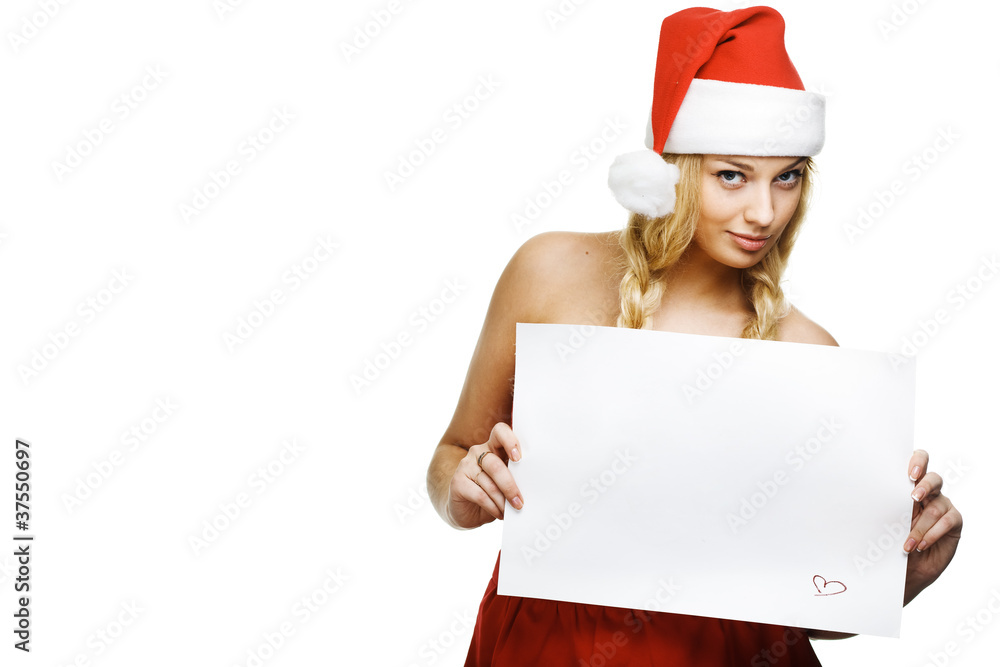 Beautiful christmas woman in santa hat holding empty board Beautiful christmas woman in santa hat holding empty board