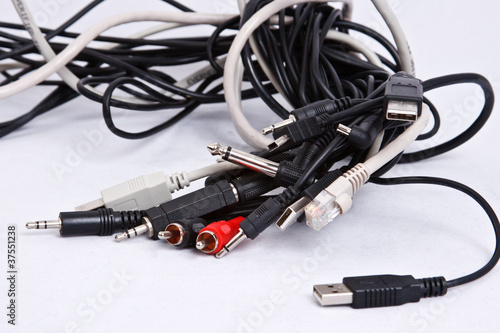 bundle of different wires isolated on white background
