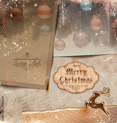 Vintage Christmas Illustration with grungy layered old papers.