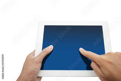hand holding a touchpad pc, isolated on white