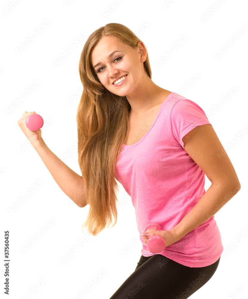 Beautiful smiling girl with free weights in gym Beautiful smiling girl with free weights in gym