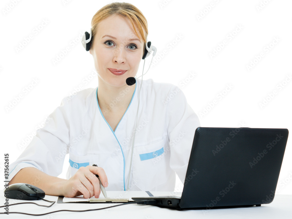 A woman doctor operator on a white background. A woman doctor operator on a white background.