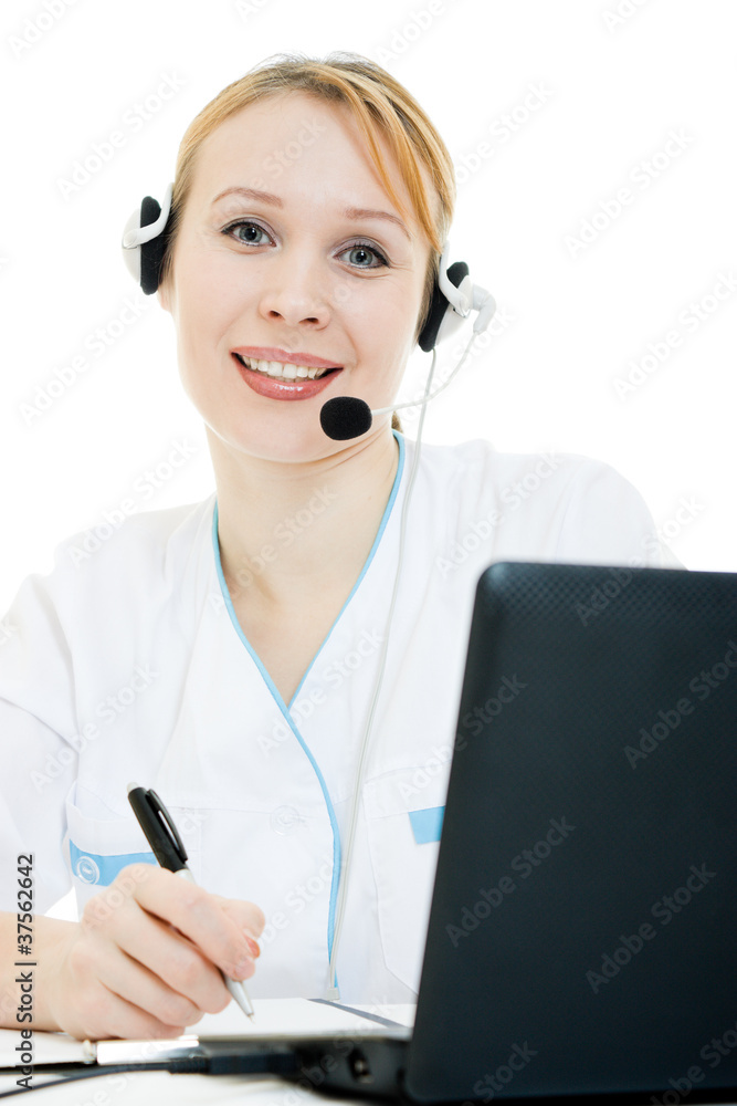 A woman doctor operator on a white background. A woman doctor operator on a white background.