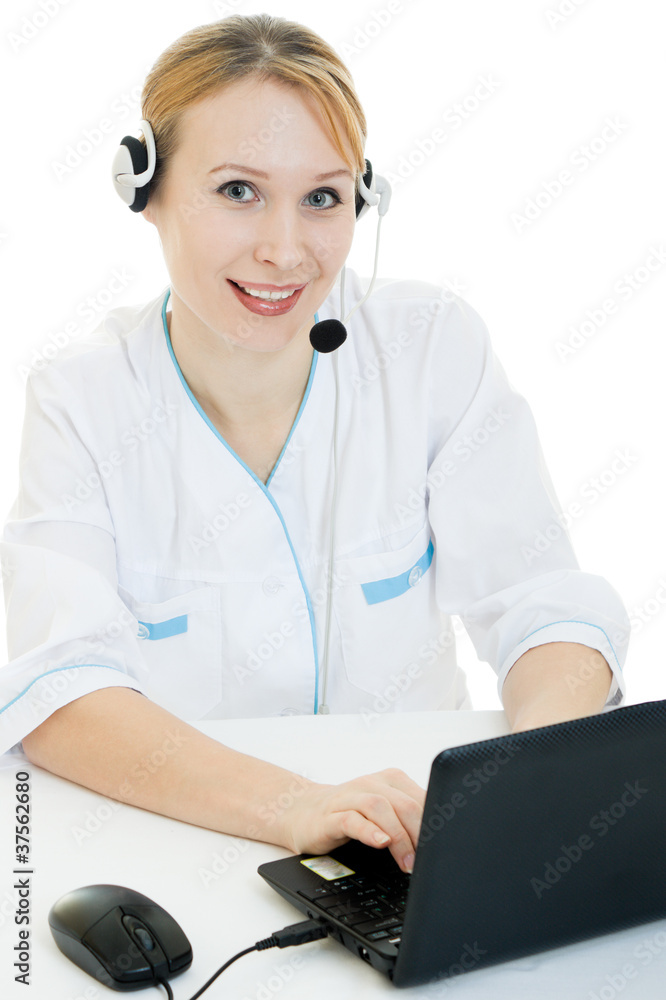 A woman doctor operator on a white background. A woman doctor operator on a white background.