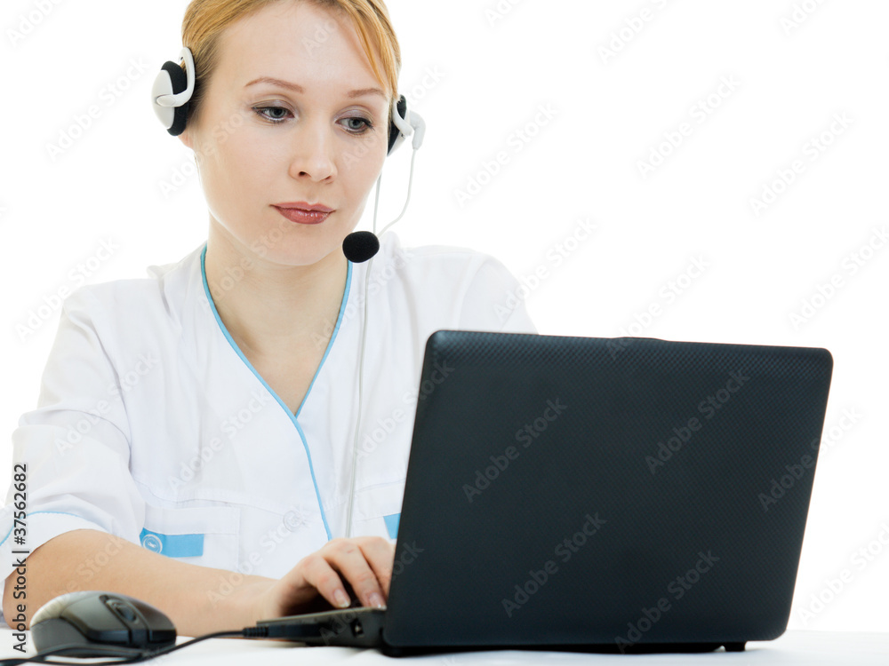 A woman doctor operator on a white background. A woman doctor operator on a white background.