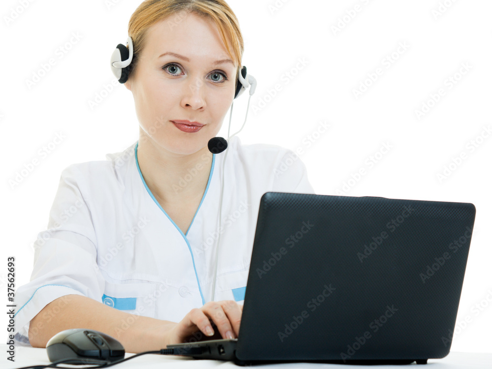 A woman doctor operator on a white background. A woman doctor operator on a white background.