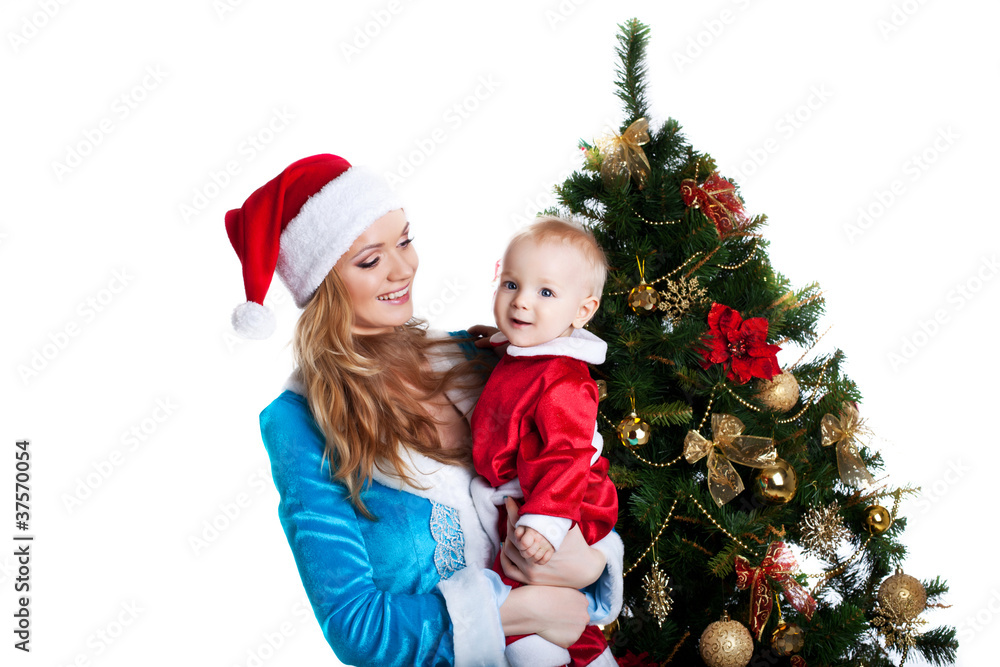 christmas girl with baby santa claus portrait christmas girl with baby santa claus portrait
