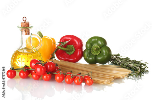 spaghetti, jar of oil, rosemary, paprika and tomatoes cherry