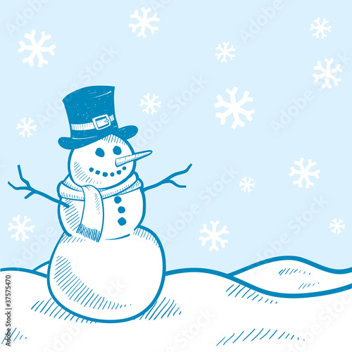 Doodle style holiday snowman landscape background