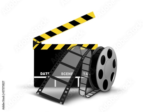 Clapperboard and film reel