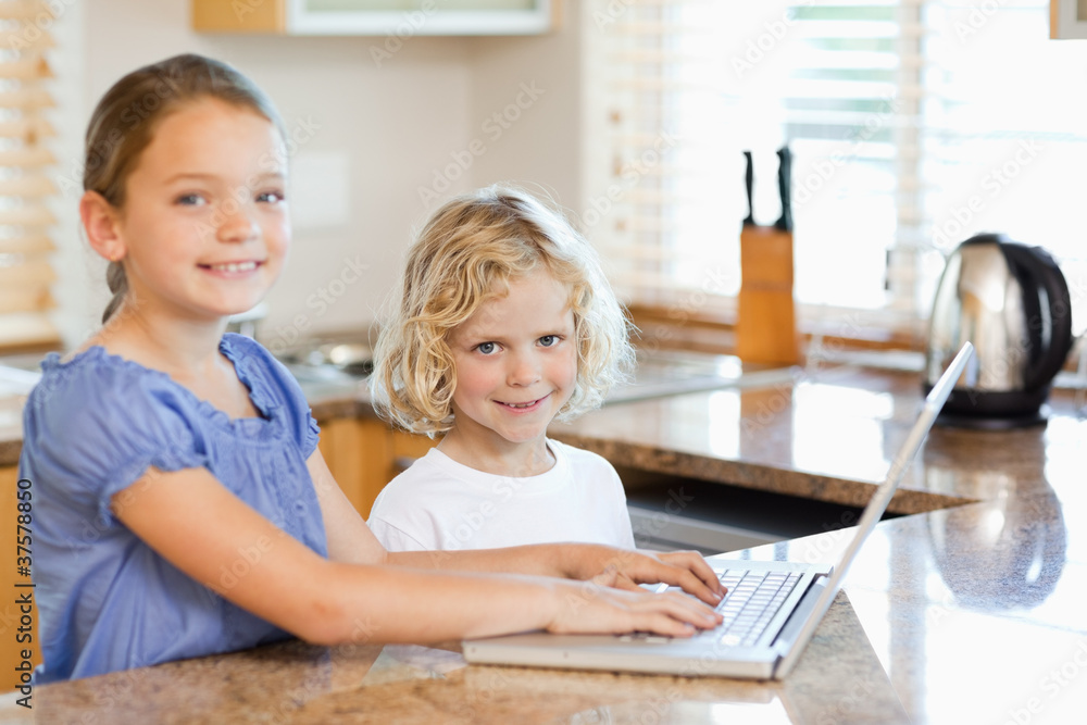 Smiling siblings on the laptop in the kitchen Smiling siblings on the laptop in the kitchen