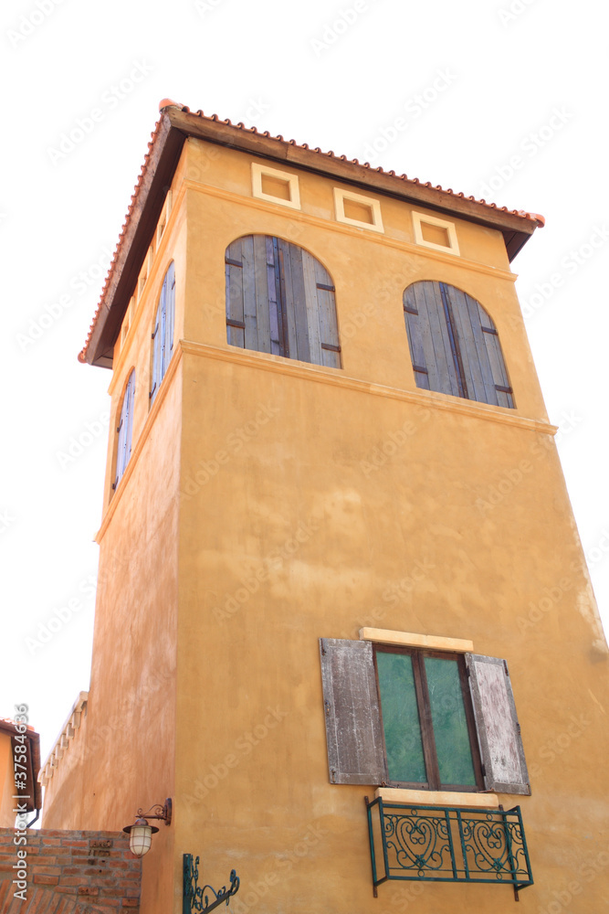 Old orange painted building.