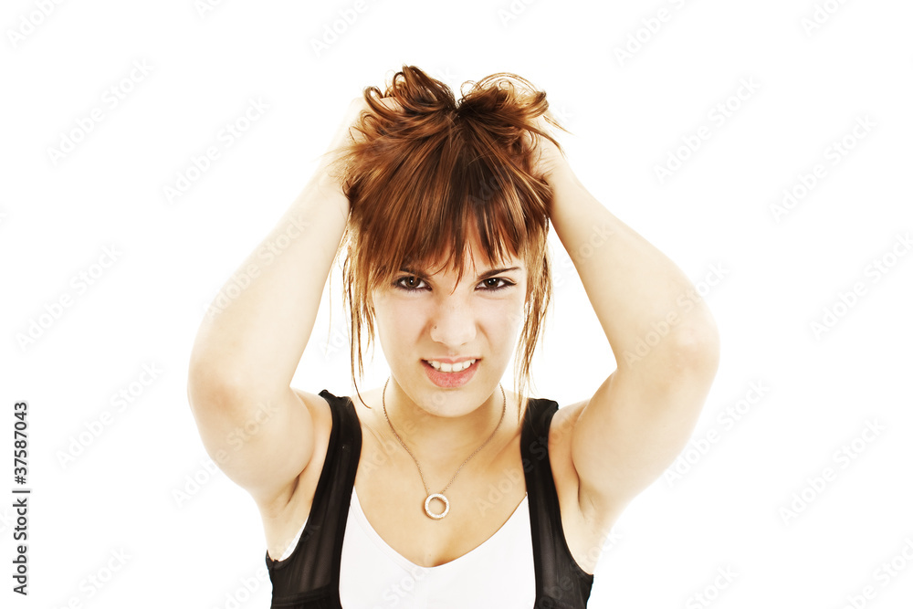 Young woman in hysterics on a white background