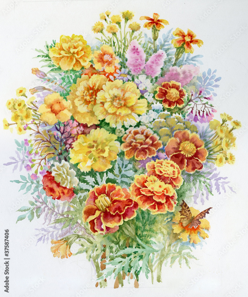 Watercolor Flower Collection: Bouquet of Marigold Watercolor Flower Collection: Bouquet of Marigold