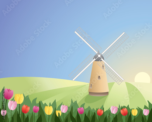 windmill with tulips