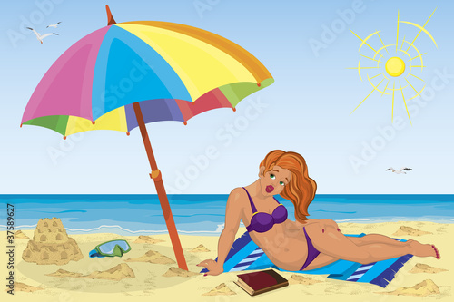 Sexy girl on the beach under colorful umbrella