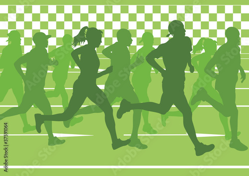 Marathon runners in skyscraper city landscape background