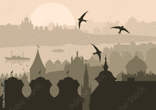 Vintage Europe city landscape illustration