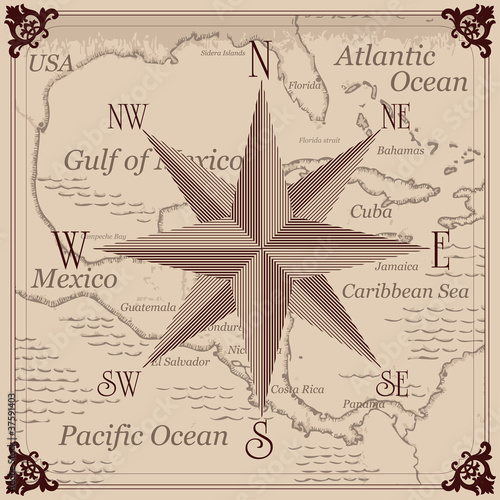 Vintage compass and Caribbean central america map