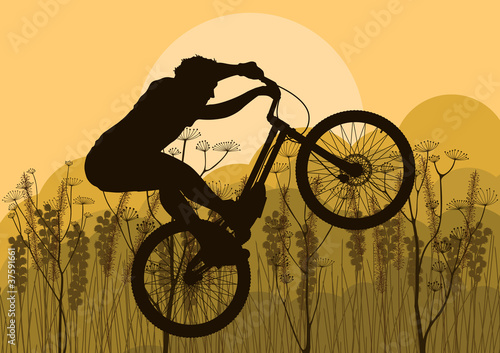 Mountain bike rider in wild nature landscape background