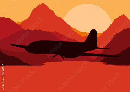 Airplane flying in wild nature landscape background illustration