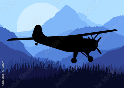 Airplane flying in wild nature landscape background illustration