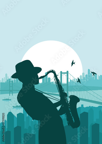 Saxophone player in skyscraper city landscape #37591820