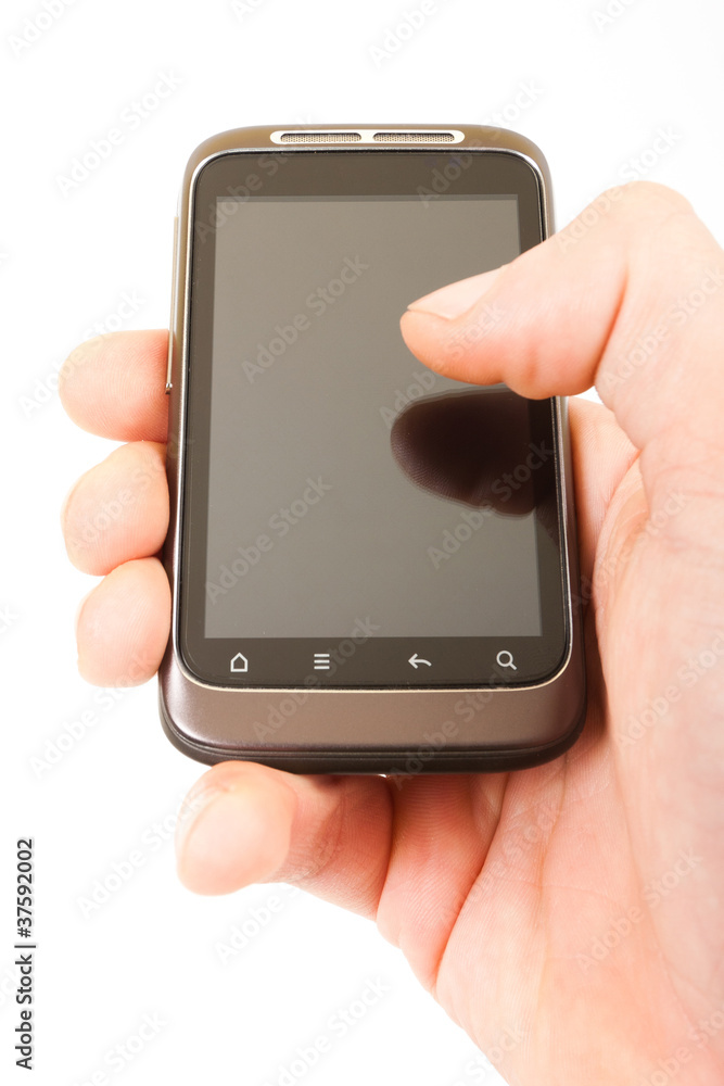 Mobile phone in hand on white background.