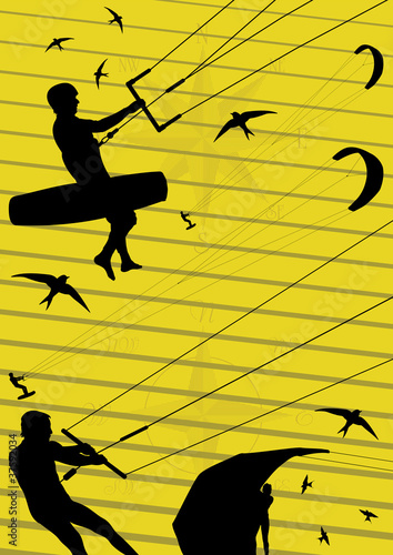 Kite boarding people silhouettes illustration