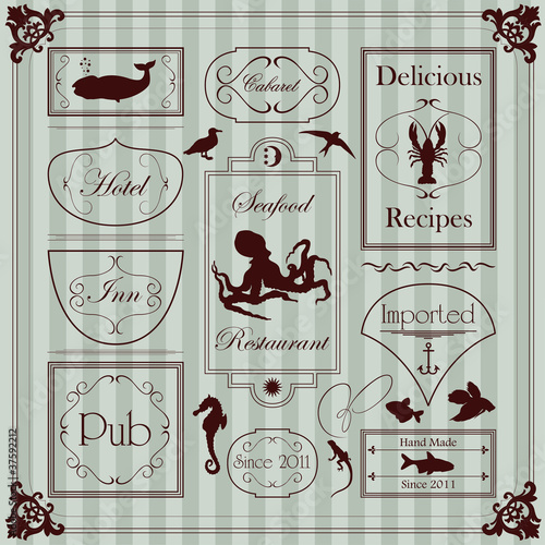 Vintage seafood restaurant frames and elements