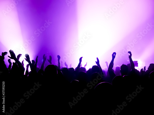 concert crowd in front of bright stage lights