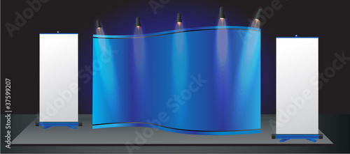 Blue trade exhibition stand and roll up banner