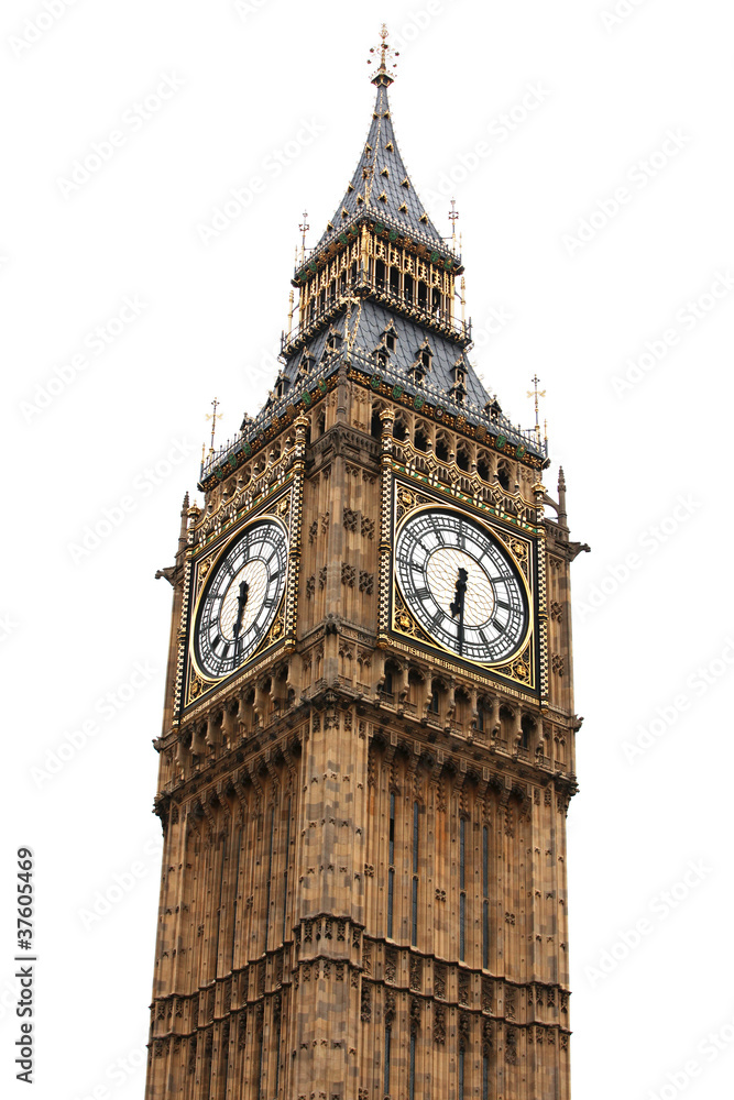 Big Ben isolated on white, London gothic architecture, UK - obrazy, fototapety, plakaty 