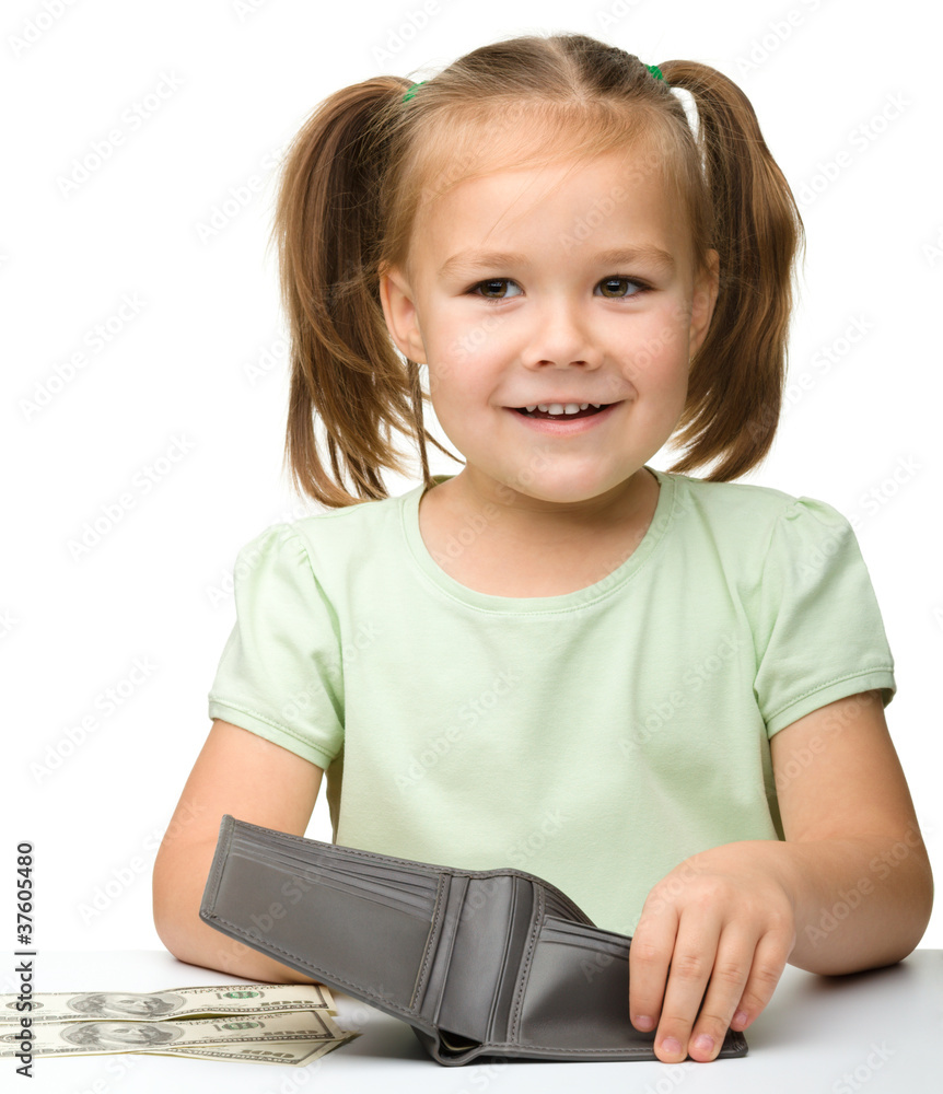 Cute little girl with paper money - dollars Cute little girl with paper money - dollars