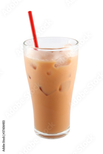 Ice milk tea with red straw on white background.