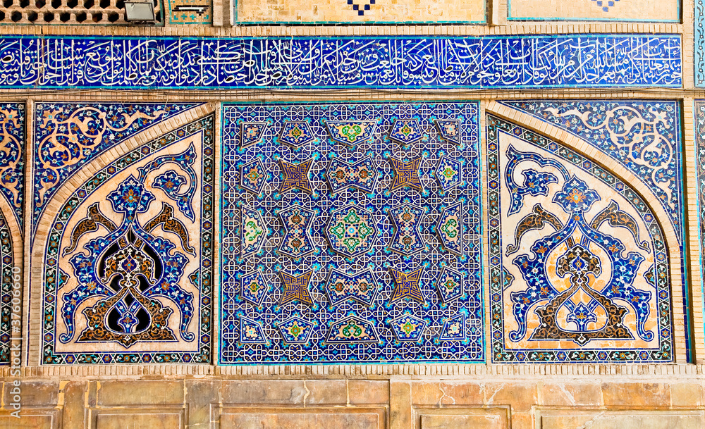 Tiled oriental mosaic wall of Ateegh Jame mosque , Esfahan Tiled oriental mosaic wall of Ateegh Jame mosque , Esfahan