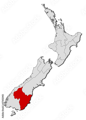 Map of New Zealand, Otago highlighted