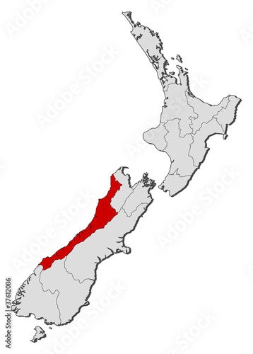 Map of New Zealand, West Coast highlighted