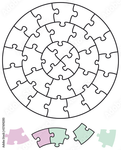 Jigsaw puzzle in the form of circles with single pieces which can be individually removed and arranged. Illustration on white background. Vector.