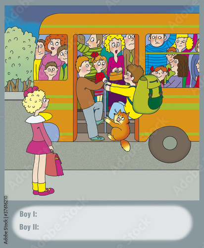 boy with a backpack and a cat trying to get into a crowded bus