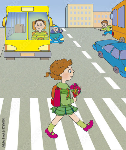 girl goes across the road