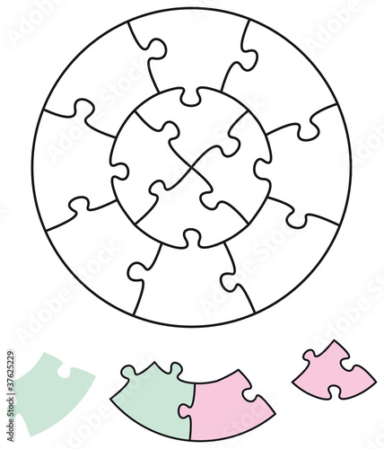 Jigsaw puzzle in the form of two circles with single pieces which can be individually removed and arranged. Illustration on white background. Vector.