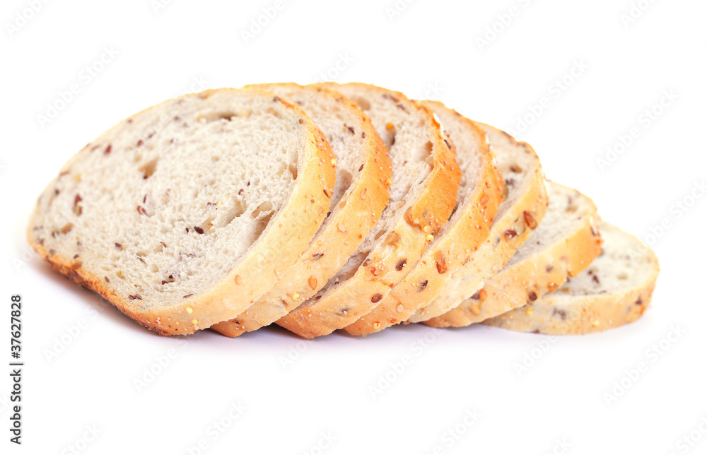Sliced bread with seeds isolated on white.