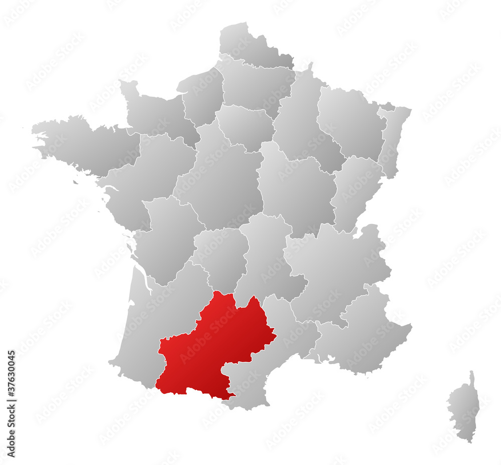 Map of France, Midi-Pyrénées highlighted