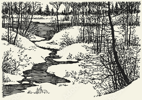 Vászonkép Vector winter landscape. The brook in the woods
