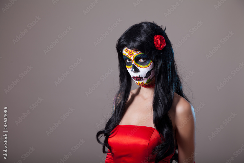 Sugar skull girl in red dress